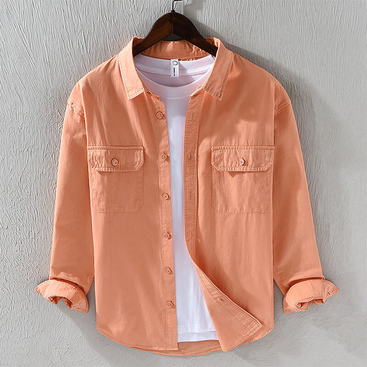 Men’s Long Sleeve Button-Up Shirt with Dual Chest Pockets and Collar