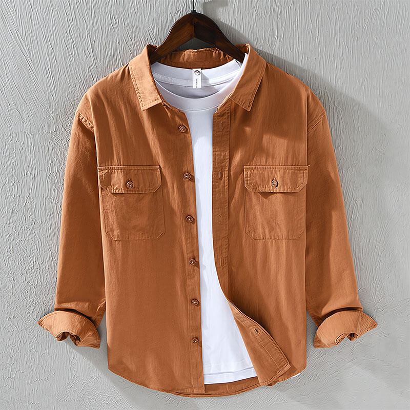 Men’s Long Sleeve Button-Up Shirt with Dual Chest Pockets and Collar