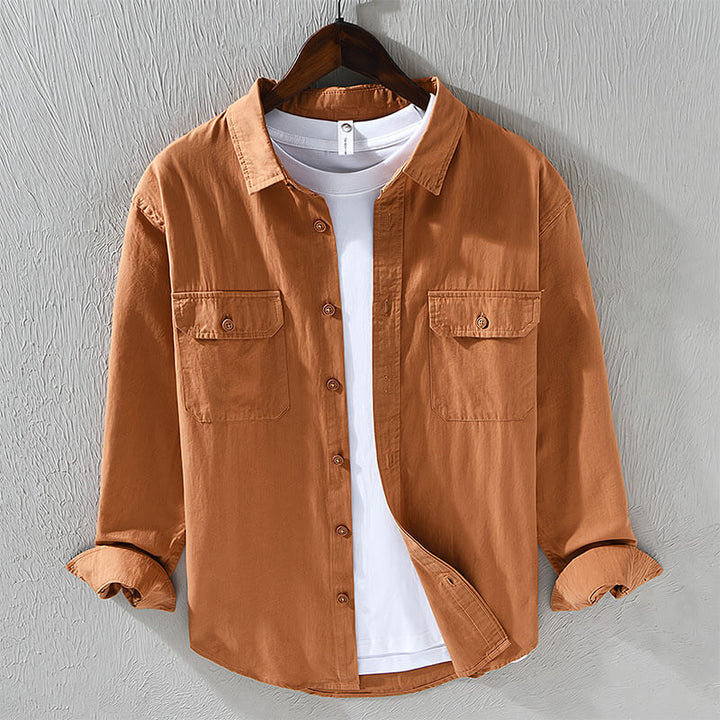 Men’s Long Sleeve Button-Up Shirt with Dual Chest Pockets and Collar