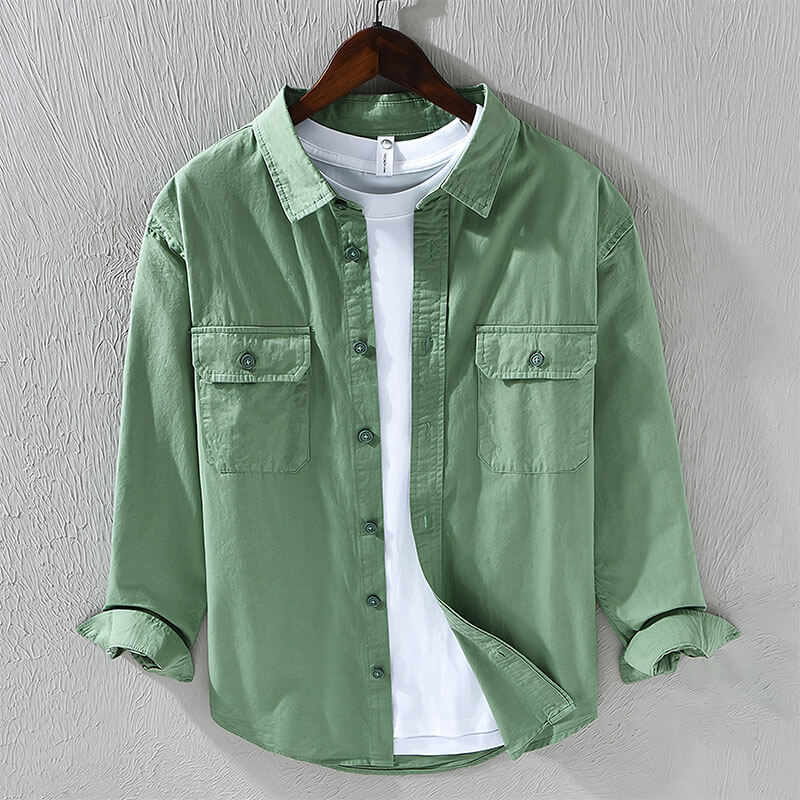 Men’s Long Sleeve Button-Up Shirt with Dual Chest Pockets and Collar