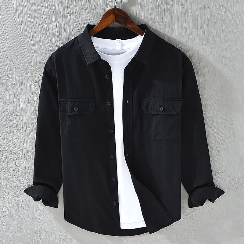 Men’s Long Sleeve Button-Up Shirt with Dual Chest Pockets and Collar