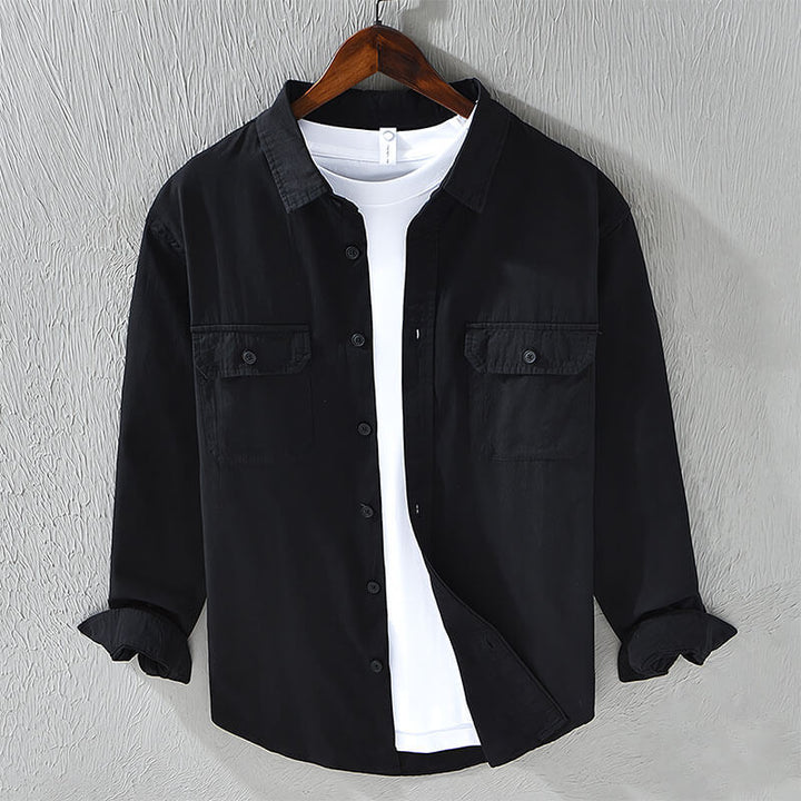 Men’s Long Sleeve Button-Up Shirt with Dual Chest Pockets and Collar