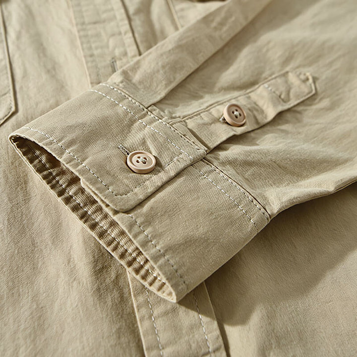 Men’s Long Sleeve Button-Up Shirt with Dual Chest Pockets and Collar