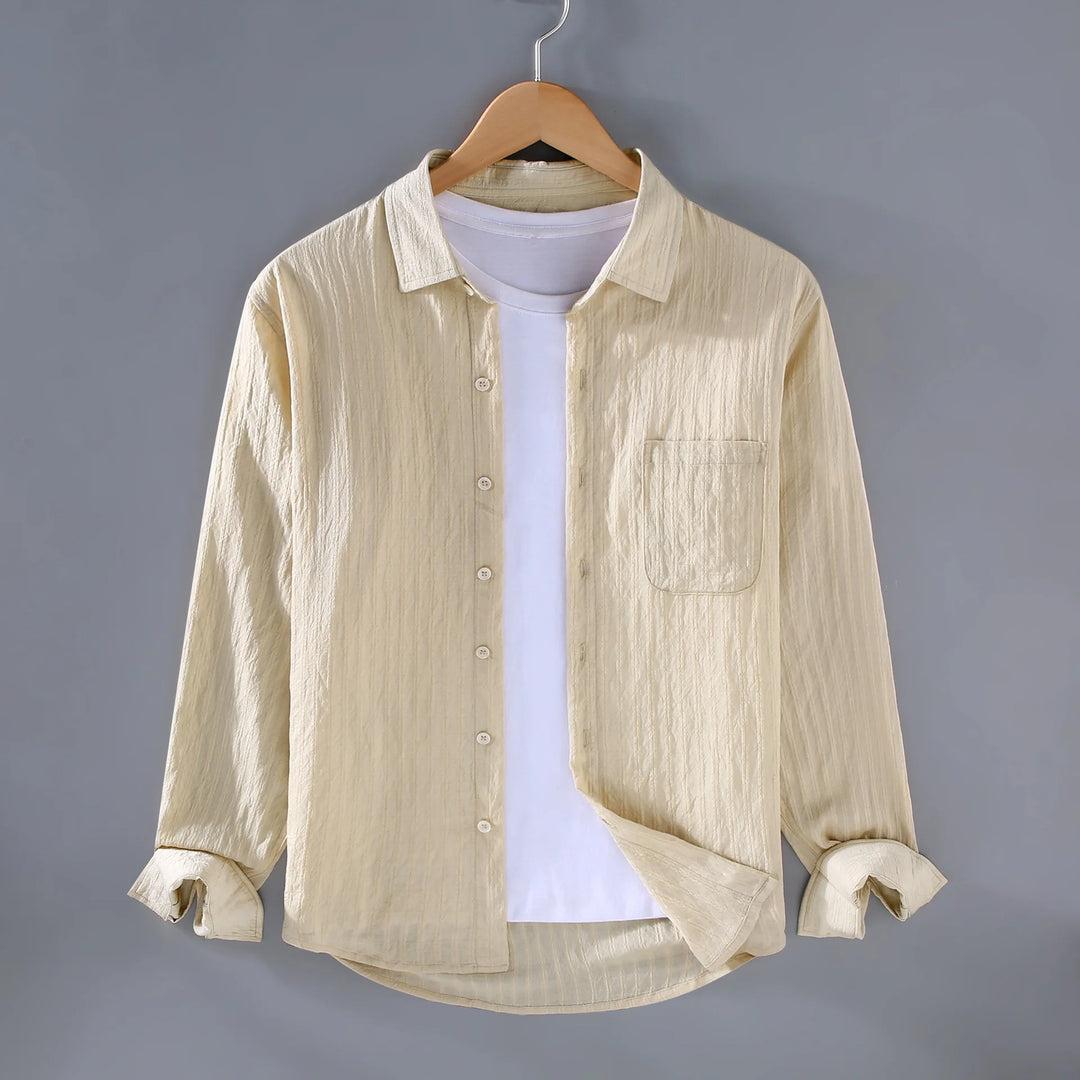 Men’s Long Sleeve Button-Up Shirt with Vertical Stripe Texture