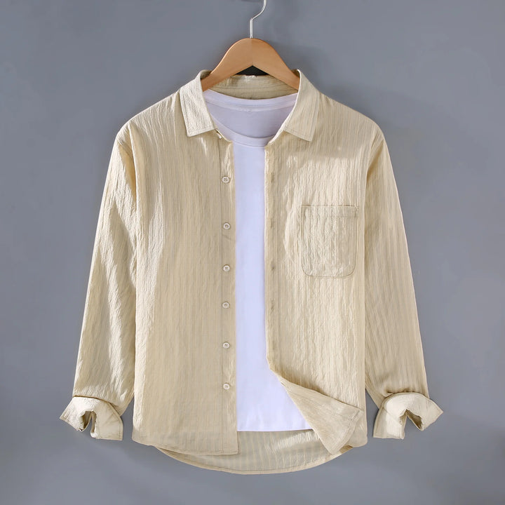 Men’s Long Sleeve Button-Up Shirt with Vertical Stripe Texture