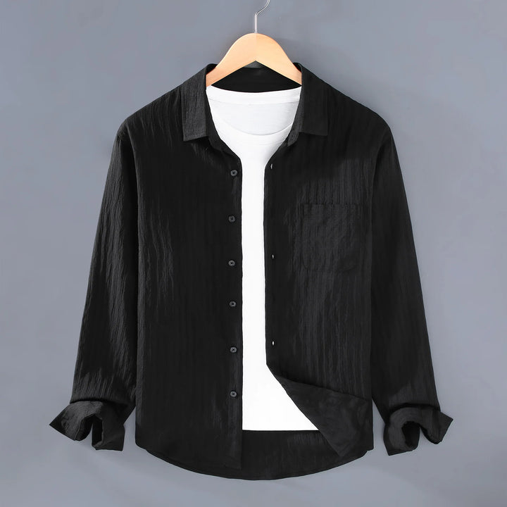Men’s Long Sleeve Button-Up Shirt with Vertical Stripe Texture