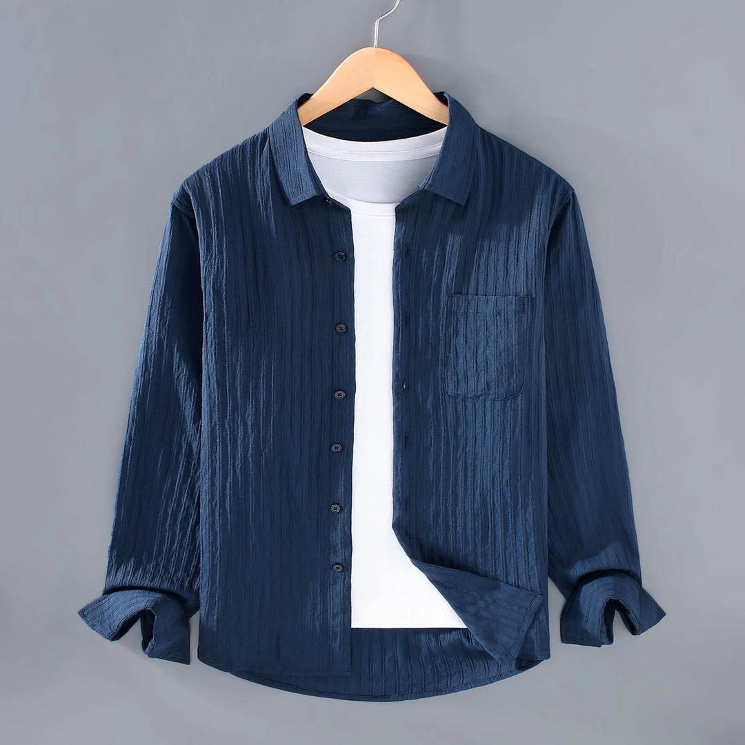 Men’s Long Sleeve Button-Up Shirt with Vertical Stripe Texture