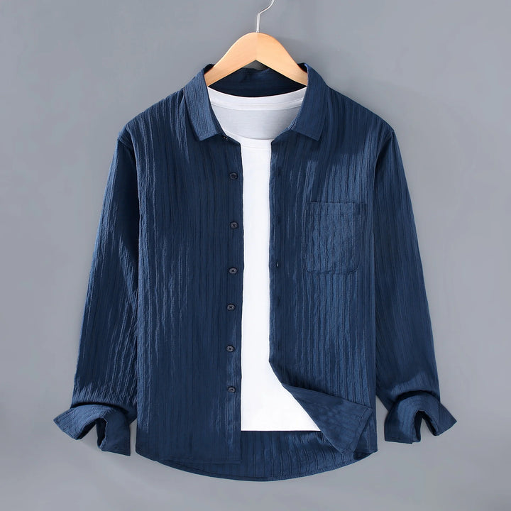 Men’s Long Sleeve Button-Up Shirt with Vertical Stripe Texture