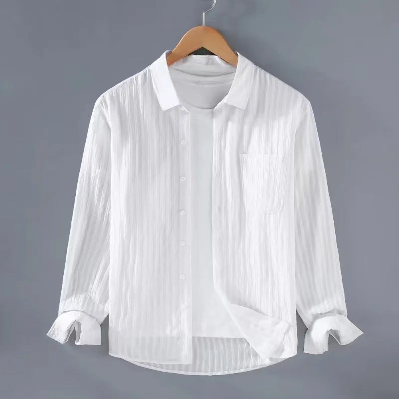 Men’s Long Sleeve Button-Up Shirt with Vertical Stripe Texture