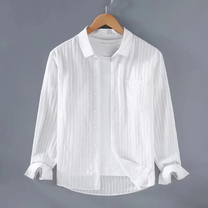 Men’s Long Sleeve Button-Up Shirt with Vertical Stripe Texture