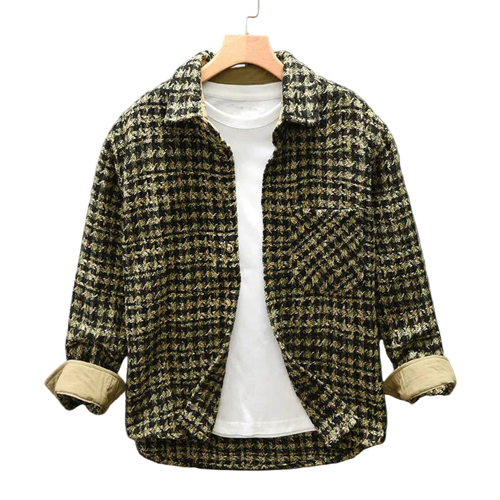 Men’s Long Sleeve Button-Up Shirt with Woven Check Pattern and Chest Pocket