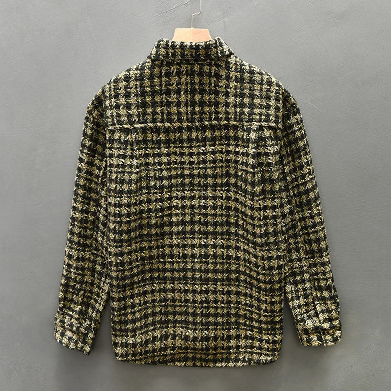Men’s Long Sleeve Button-Up Shirt with Woven Check Pattern and Chest Pocket