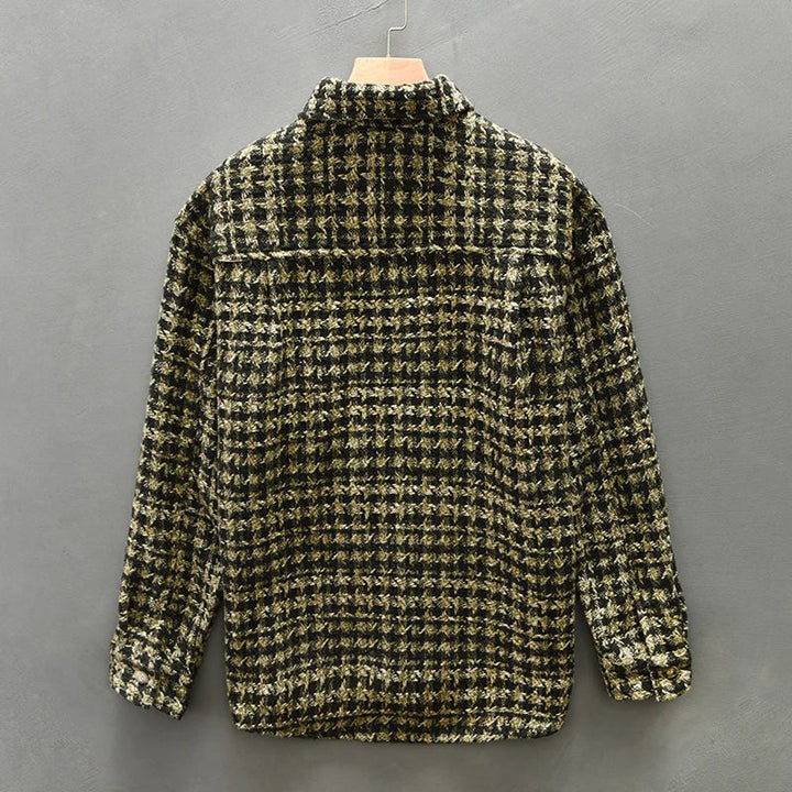 Men’s Long Sleeve Button-Up Shirt with Woven Check Pattern and Chest Pocket