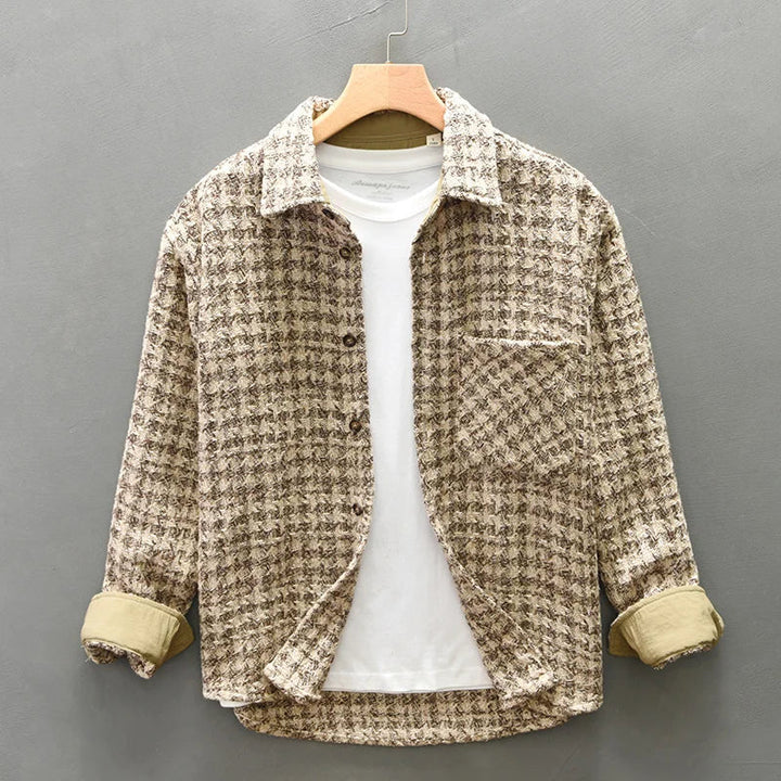 Men’s Long Sleeve Button-Up Shirt with Woven Check Pattern and Chest Pocket