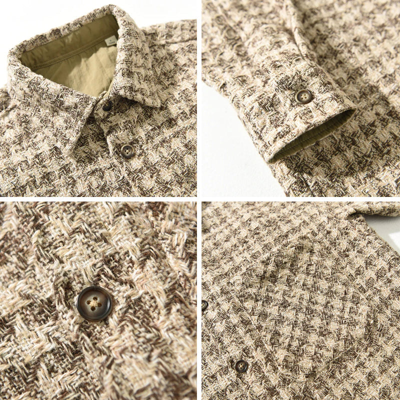 Men’s Long Sleeve Button-Up Shirt with Woven Check Pattern and Chest Pocket