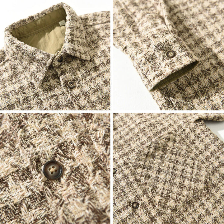 Men’s Long Sleeve Button-Up Shirt with Woven Check Pattern and Chest Pocket