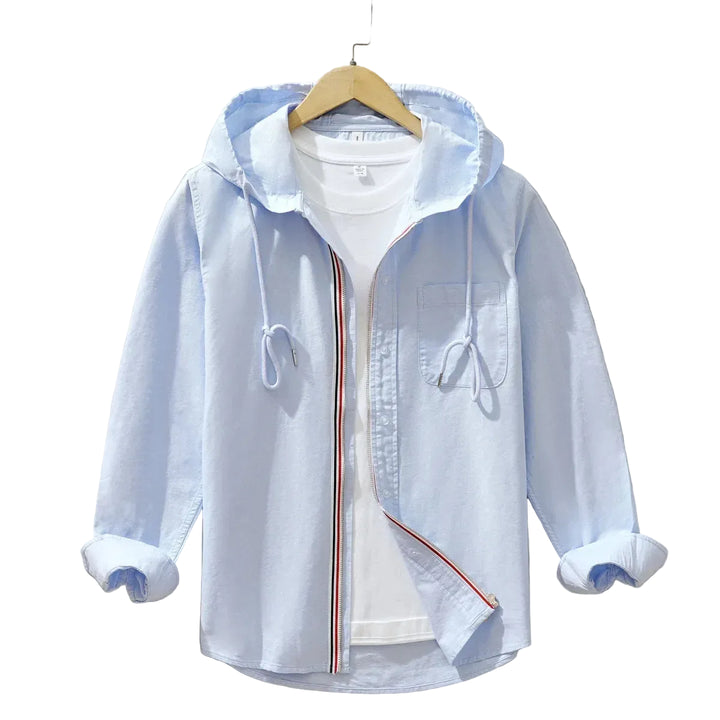 Men’s Long Sleeve Hooded Zip-Up Shirt with Contrast Placket Trim and Chest Pocket