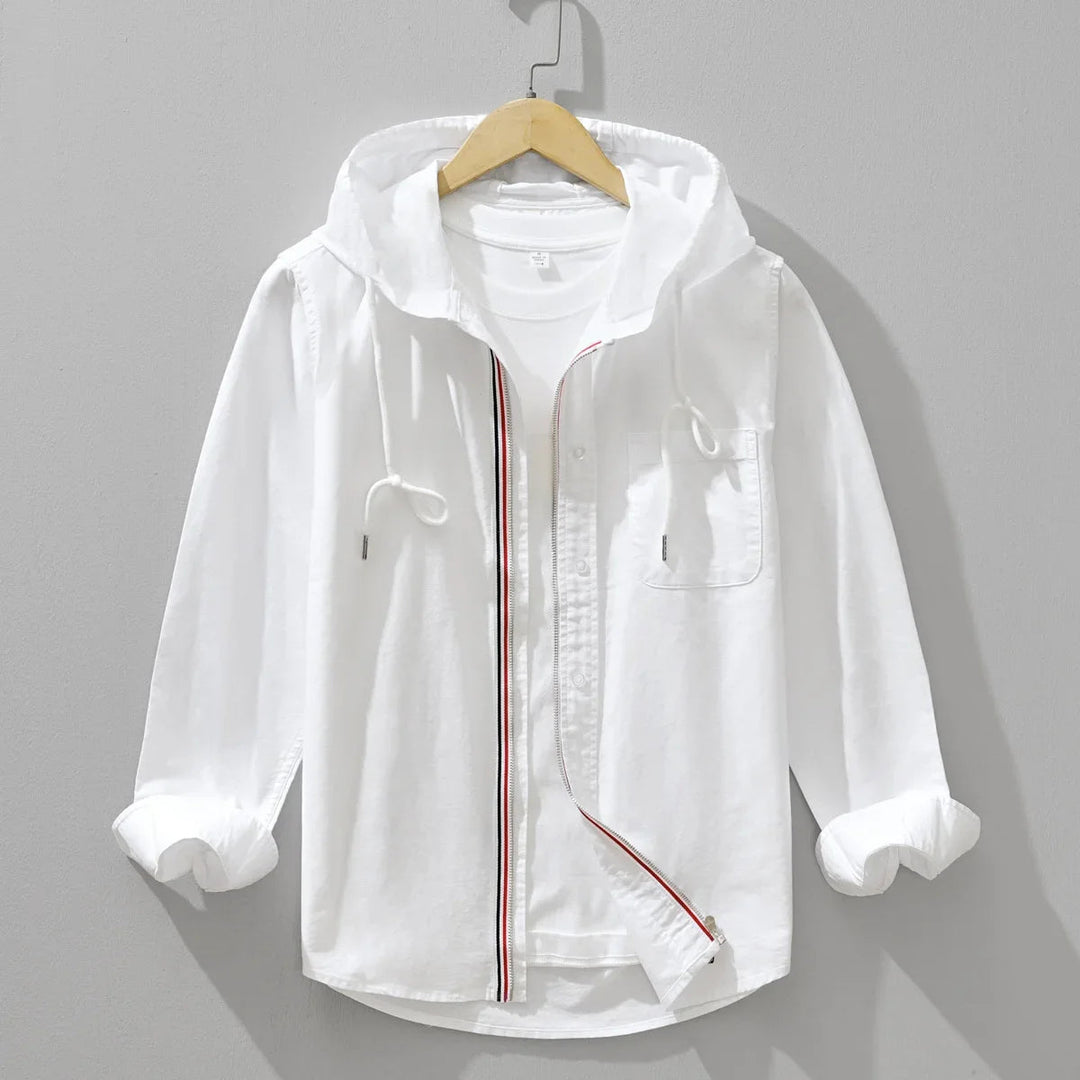 Men’s Long Sleeve Hooded Zip-Up Shirt with Contrast Placket Trim and Chest Pocket