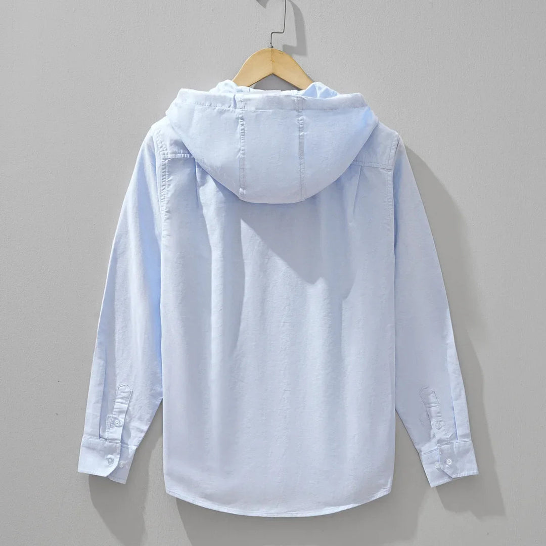 Men’s Long Sleeve Hooded Zip-Up Shirt with Contrast Placket Trim and Chest Pocket