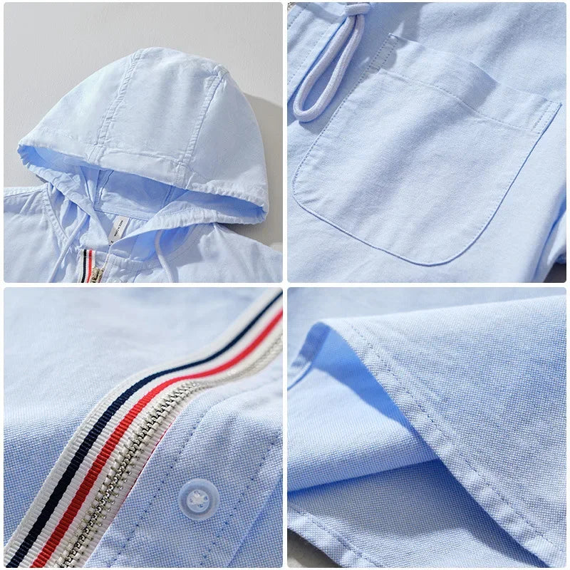 Men’s Long Sleeve Hooded Zip-Up Shirt with Contrast Placket Trim and Chest Pocket