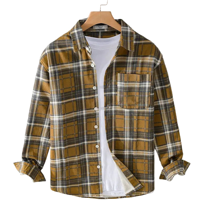 Men’s Long Sleeve Plaid Button-Up Shirt with Chest Pocket