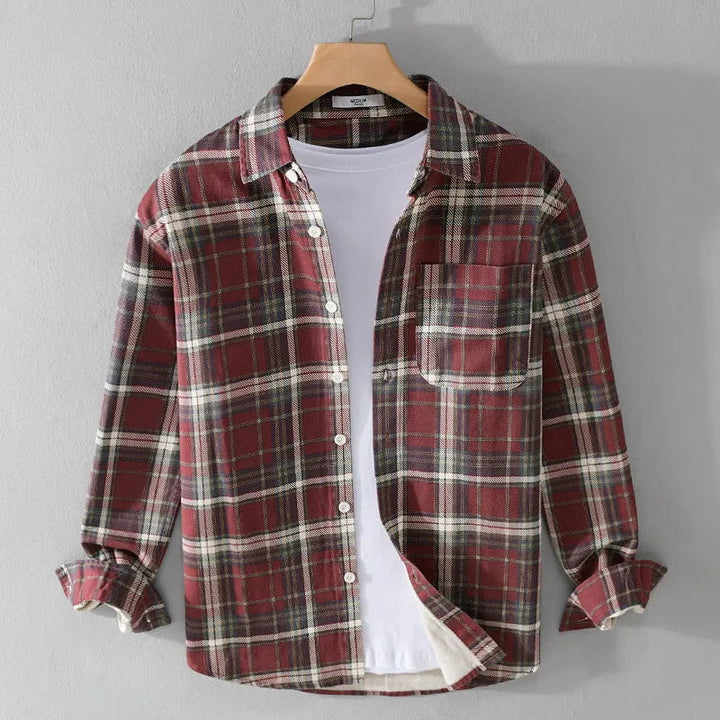Men’s Long Sleeve Plaid Button-Up Shirt with Chest Pocket