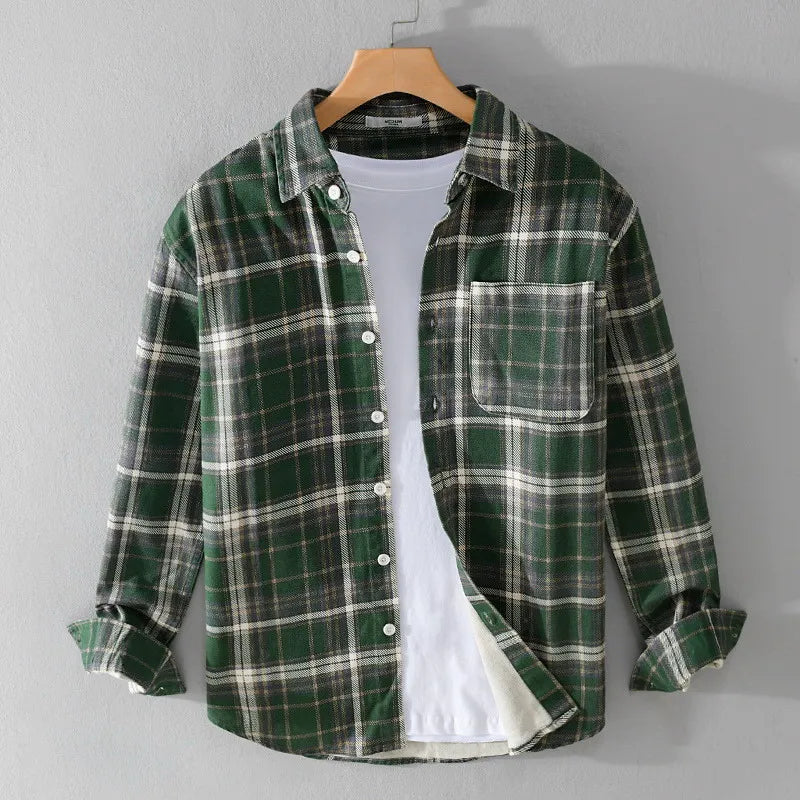 Men’s Long Sleeve Plaid Button-Up Shirt with Chest Pocket
