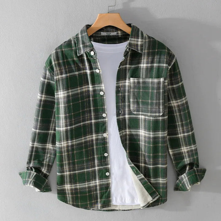 Men’s Long Sleeve Plaid Button-Up Shirt with Chest Pocket