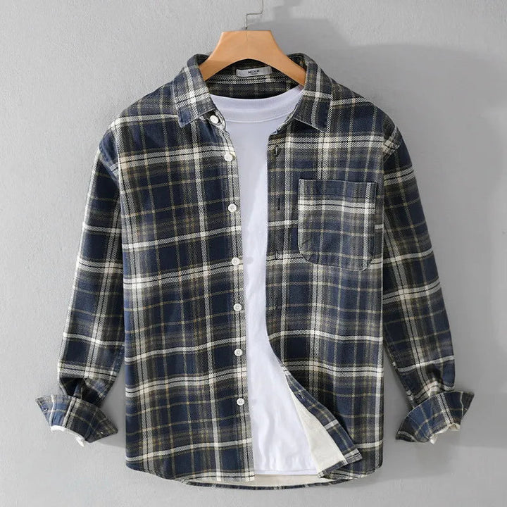 Men’s Long Sleeve Plaid Button-Up Shirt with Chest Pocket