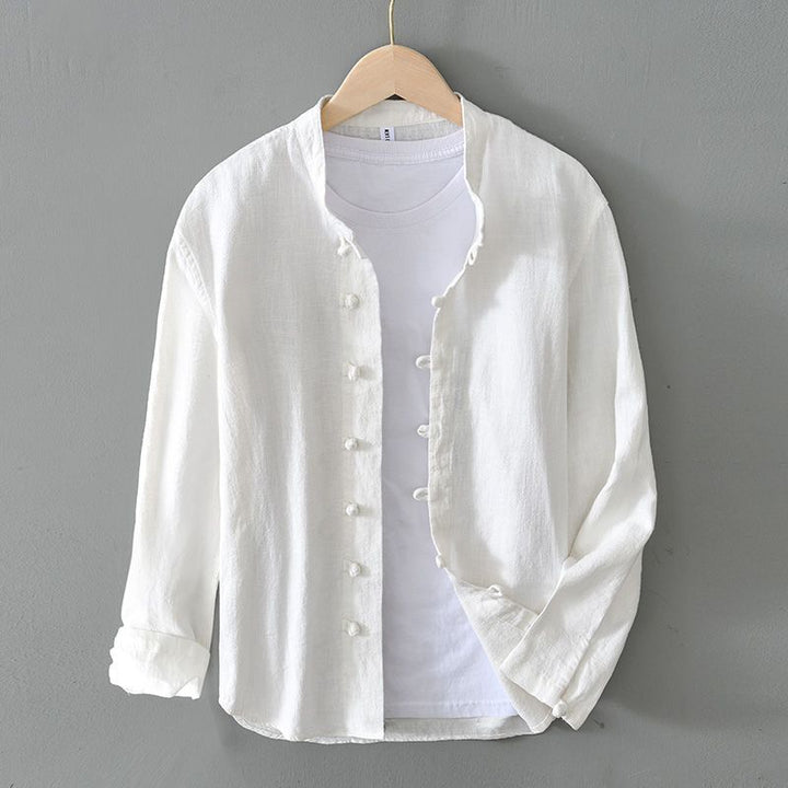 Men’s Long Sleeve Shirt with Stand Collar and Loop Button Closure