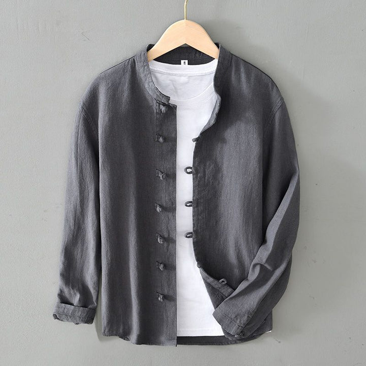 Men’s Long Sleeve Shirt with Stand Collar and Loop Button Closure
