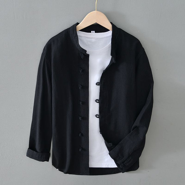 Men’s Long Sleeve Shirt with Stand Collar and Loop Button Closure
