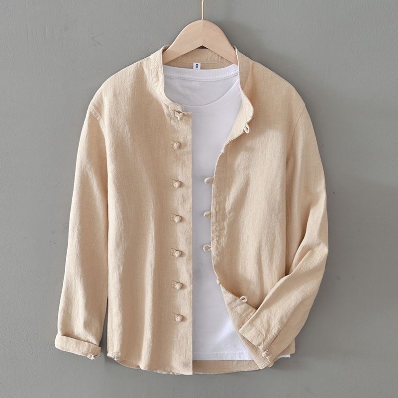 Men’s Long Sleeve Shirt with Stand Collar and Loop Button Closure