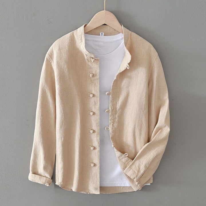 Men’s Long Sleeve Shirt with Stand Collar and Loop Button Closure