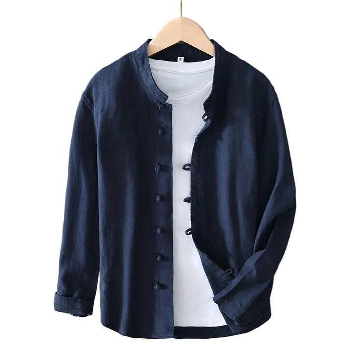 Men’s Long Sleeve Shirt with Stand Collar and Loop Button Closure