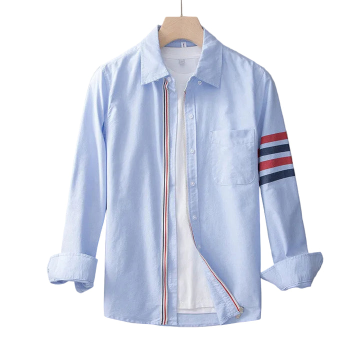 Men’s Long Sleeve Zip-Up Shirt with Sleeve Stripe Pattern