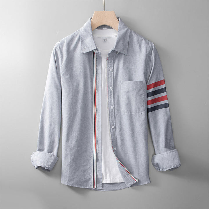 Men’s Long Sleeve Zip-Up Shirt with Sleeve Stripe Pattern