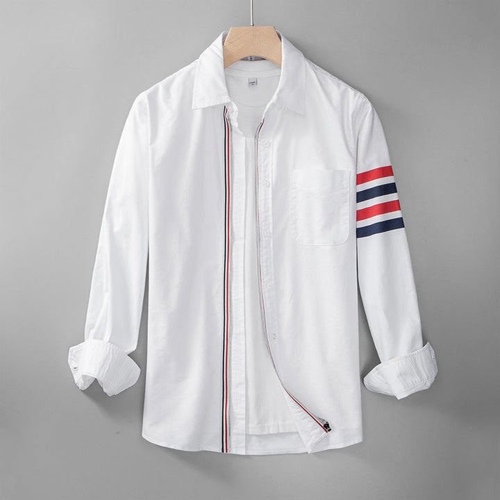 Men’s Long Sleeve Zip-Up Shirt with Sleeve Stripe Pattern