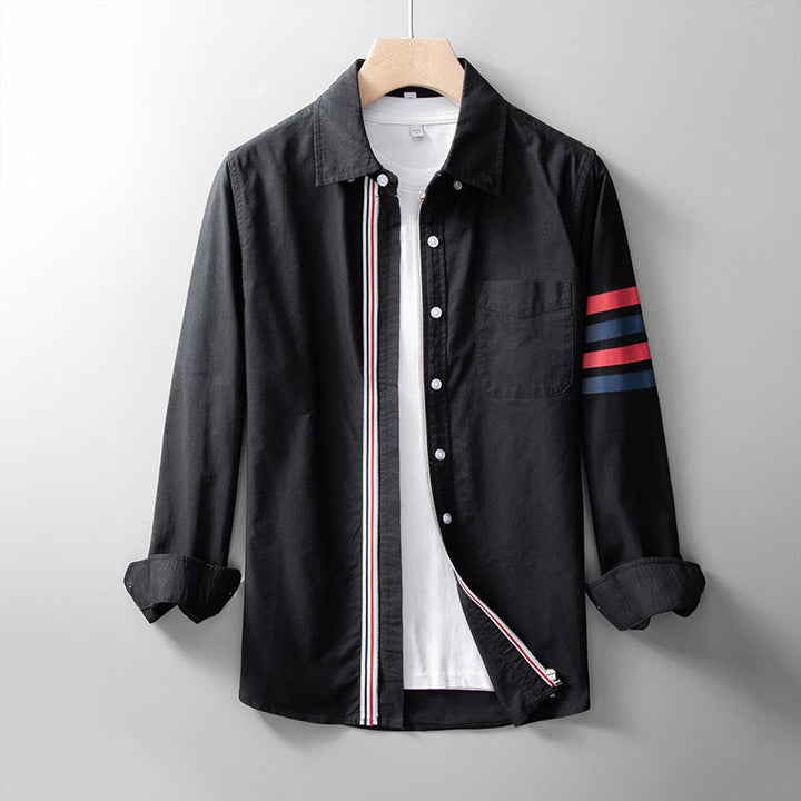 Men’s Long Sleeve Zip-Up Shirt with Sleeve Stripe Pattern