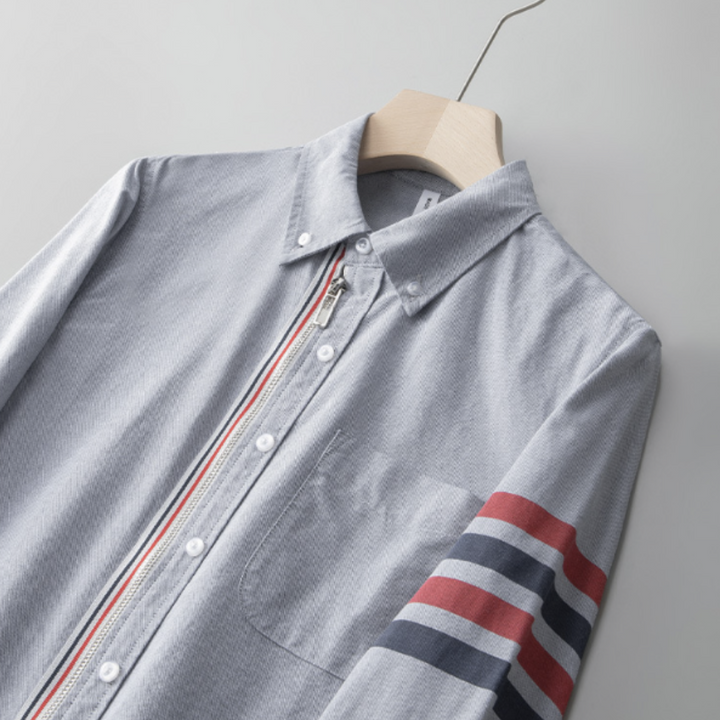 Men’s Long Sleeve Zip-Up Shirt with Sleeve Stripe Pattern