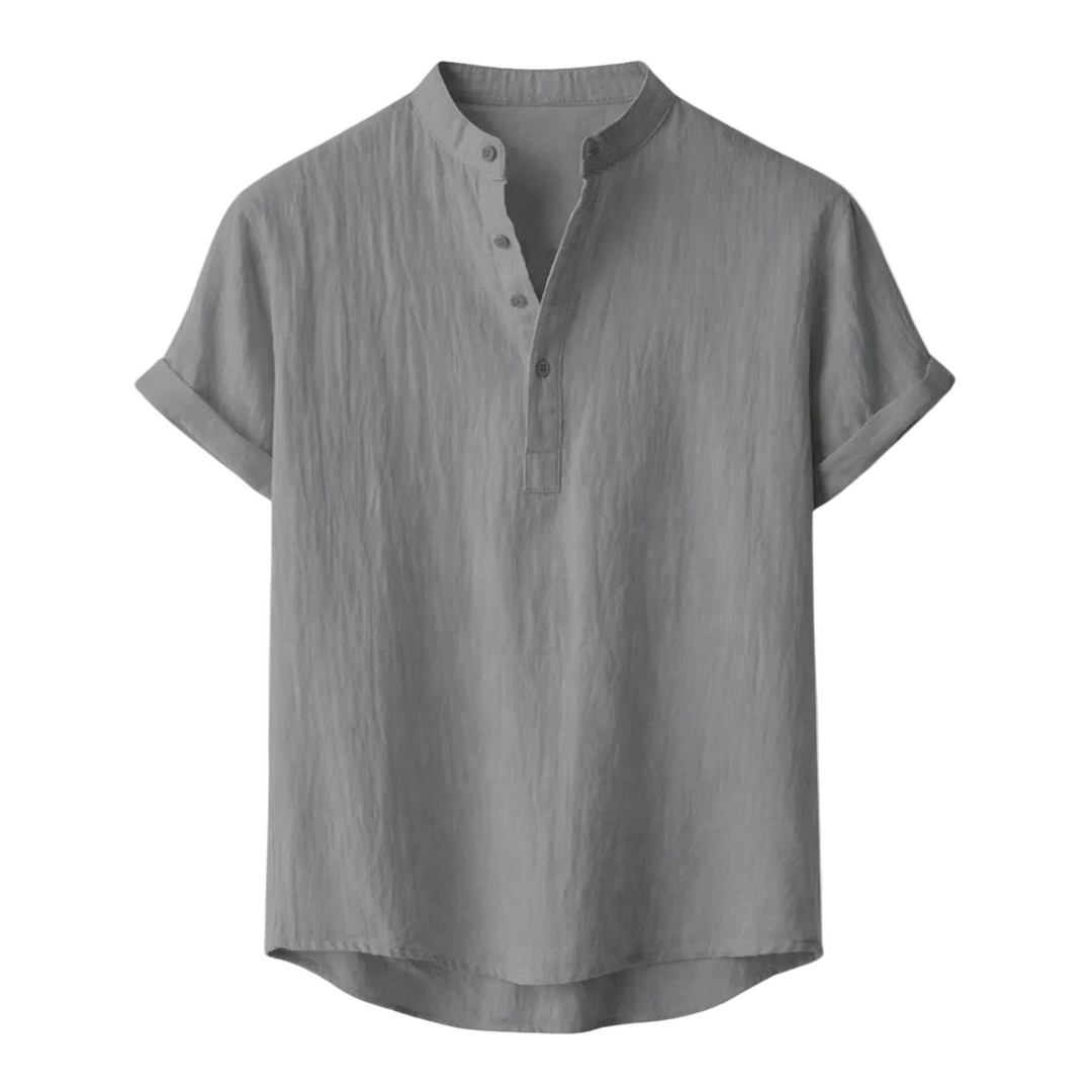Men's Mandarin Collar Short Sleeve Curved Hem Shirt