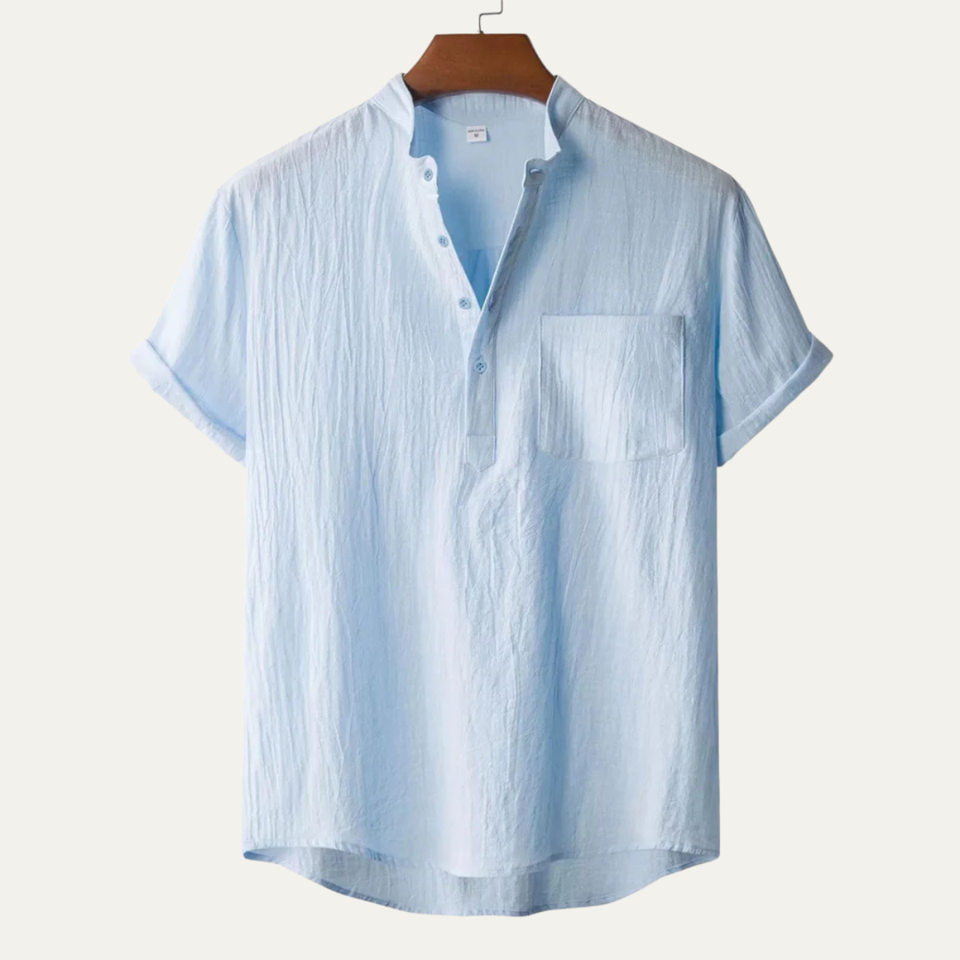 Men's Mandarin Collar Short Sleeve Curved Hem Shirt