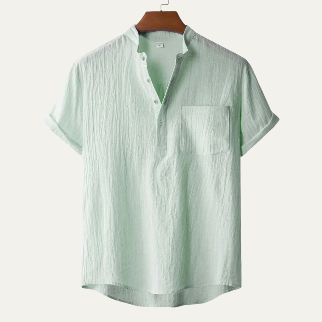 Men's Mandarin Collar Short Sleeve Curved Hem Shirt