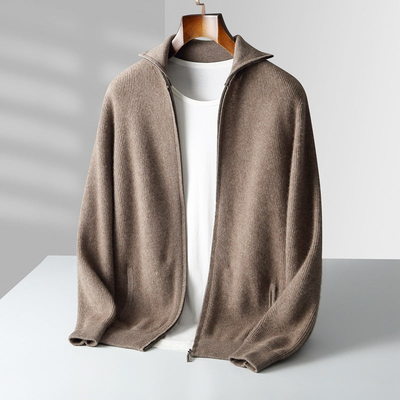 Men’s Ribbed Full-Zip Cardigan with Stand Collar