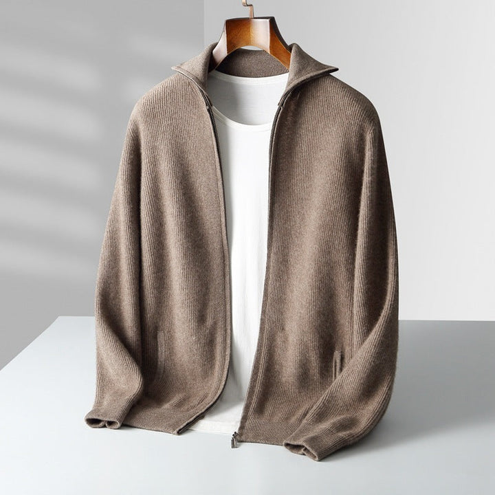 Men’s Ribbed Full-Zip Cardigan with Stand Collar
