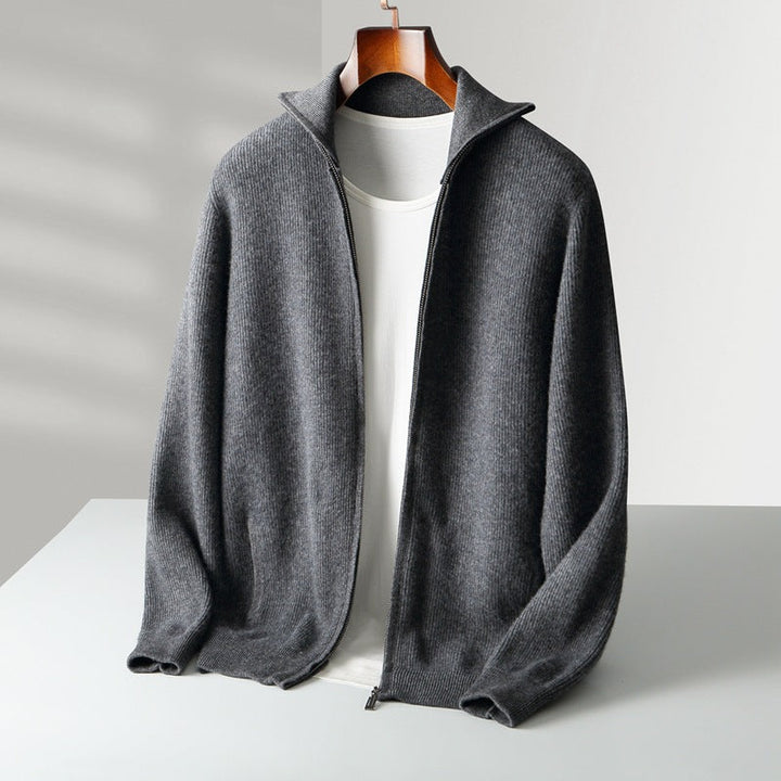 Men’s Ribbed Full-Zip Cardigan with Stand Collar