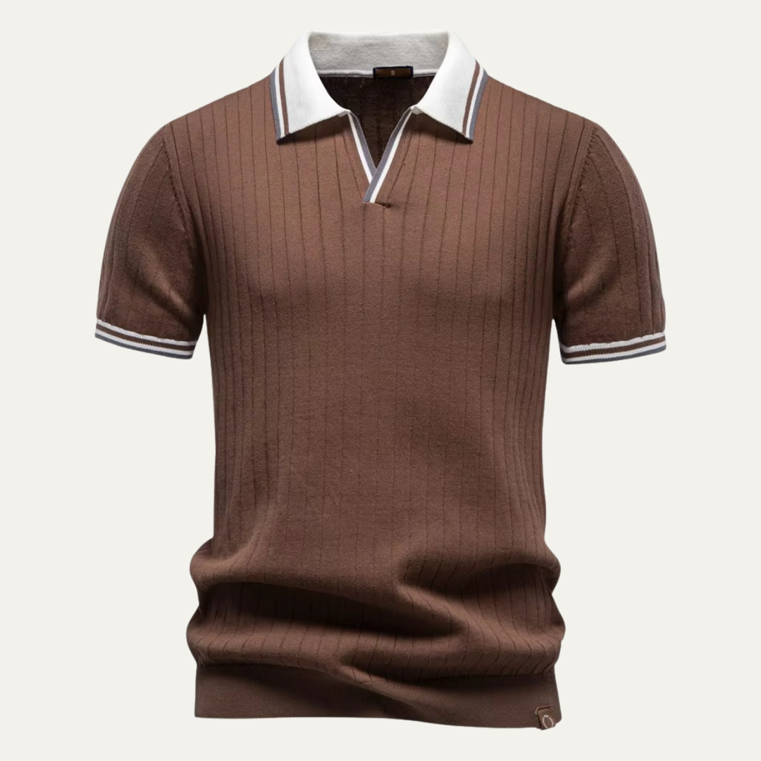 Men's Ribbed Knit Polo Shirt with Contrast Collar