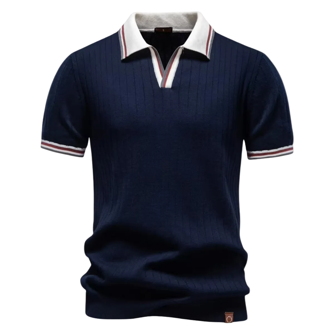 Men's Ribbed Knit Polo Shirt with Contrast Collar