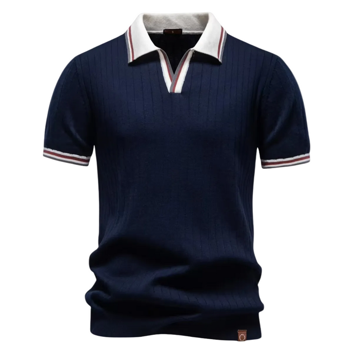 Men's Ribbed Knit Polo Shirt with Contrast Collar