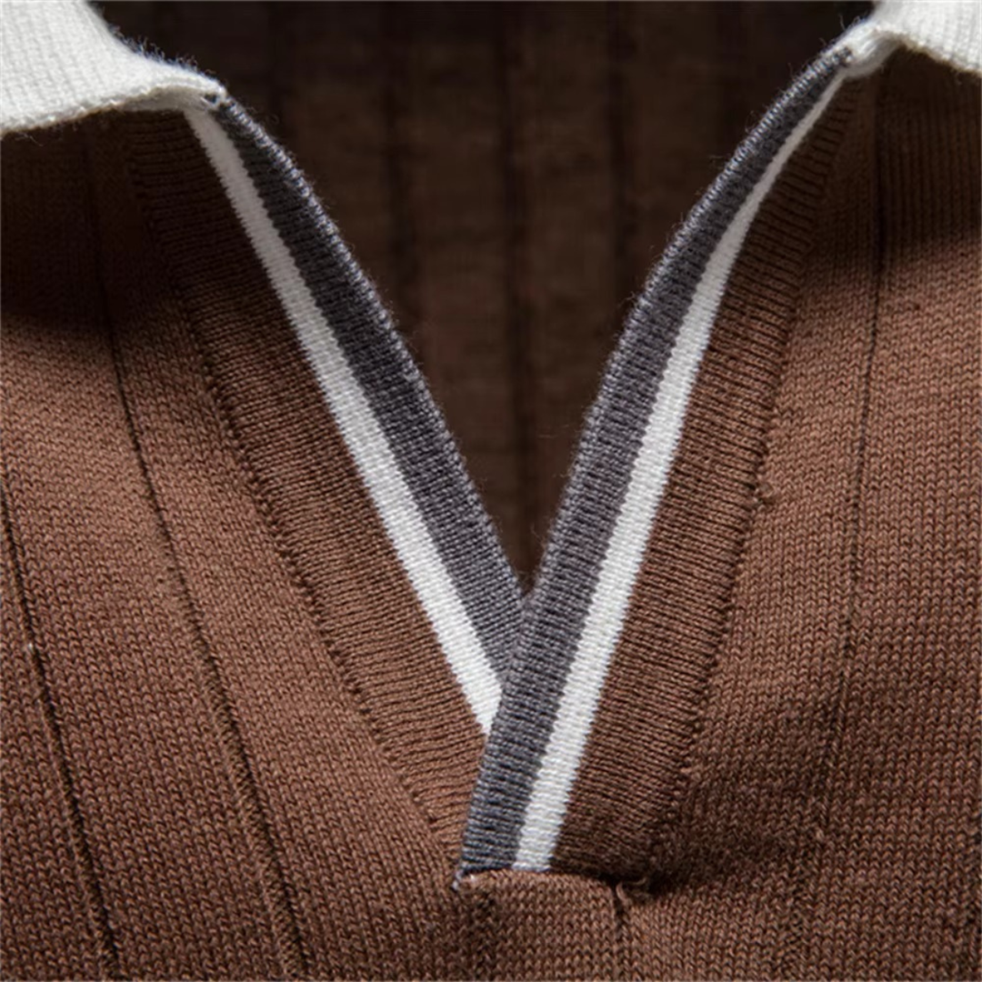 Men's Ribbed Knit Polo Shirt with Contrast Collar